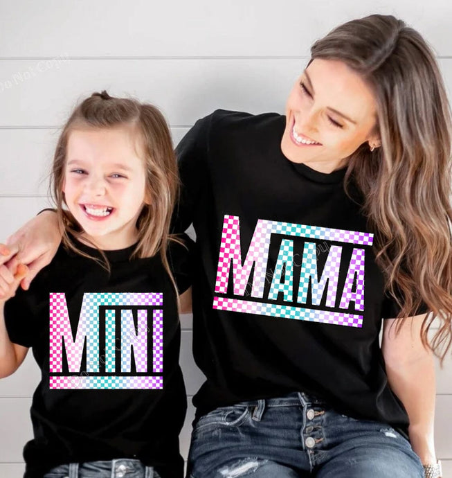 Retro Mama Mini Checkered Pink Turquoise DTF Transfer (300 HOT PEEL) | Ships 3-7 Business Days