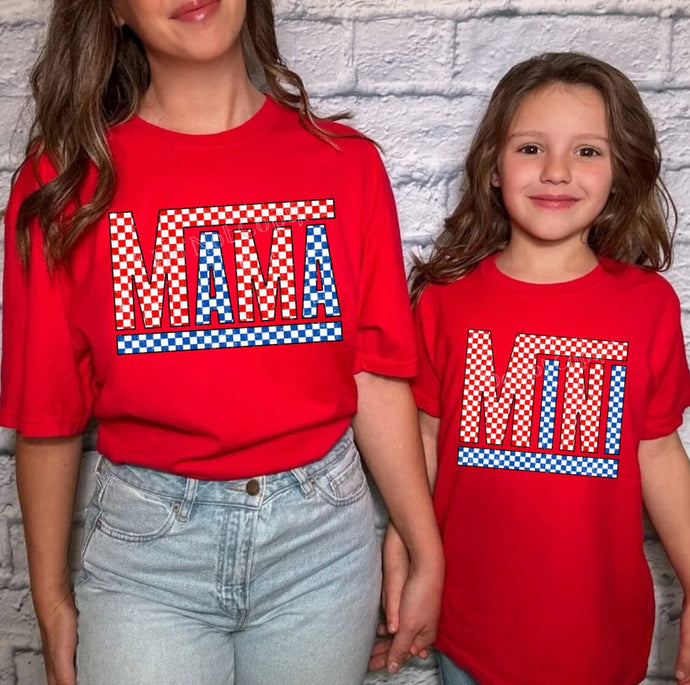 Retro Mama Mini Checkered Red White Blue DTF Transfer (300 HOT PEEL) | Ships 3-7 Business Days