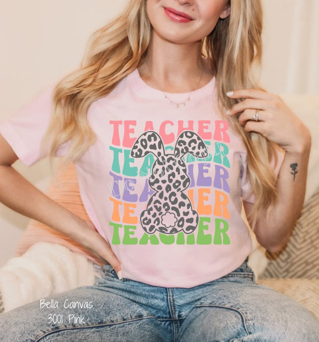 Easter Retro Teacher Repeat Leopard Bunny DTF Transfer (300 HOT PEEL) | Ships 3-7 Business Days