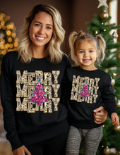 Load image into Gallery viewer, Gold and Pink Merry Repeat Christmas Tree Faux Sequin Embroidery DTF Transfer (300 HOT PEEL) | Ships 3-7 Business Days
