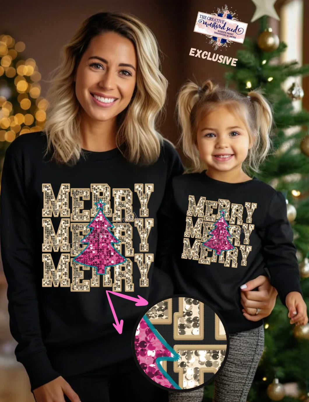 Gold and Pink Merry Repeat Christmas Tree Faux Sequin Embroidery DTF Transfer (300 HOT PEEL) | Ships 3-7 Business Days