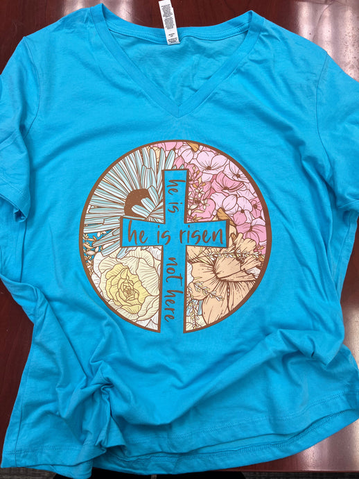 He Is Risen Cross on a Bella Canvas Womens V-Neck 100% Cotton Size L