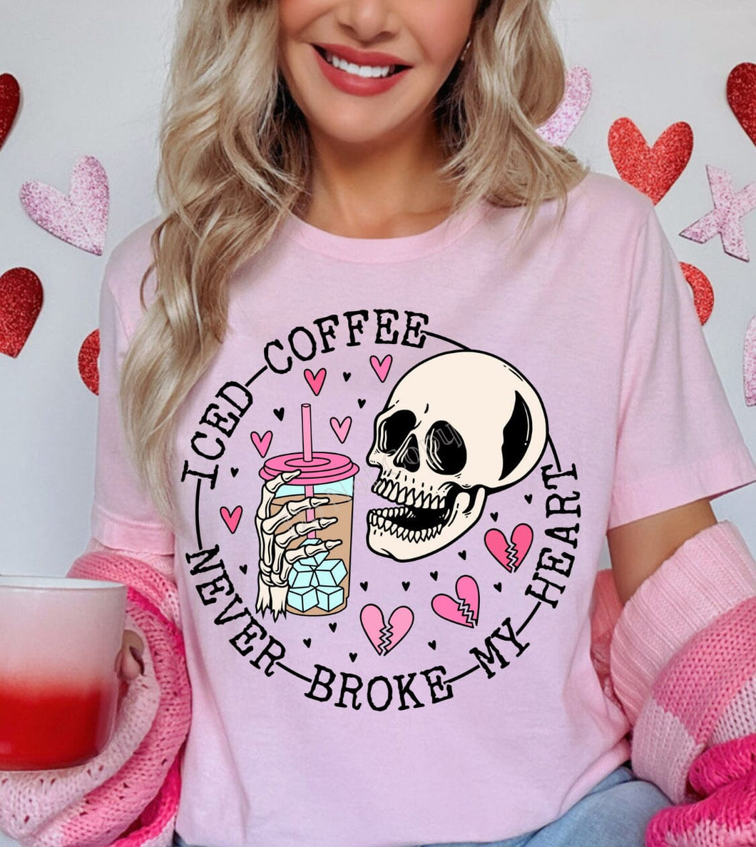 Iced Coffee Never Broke My Heart Valentine Skeleton DTF Transfer (300 HOT PEEL) | Ships 3-7 Business Days