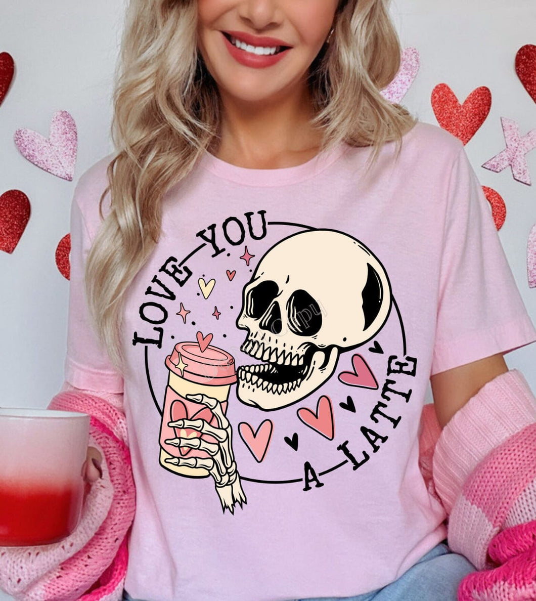 Love You A Latte Valentine Skeleton DTF Transfer (300 HOT PEEL) | Ships 3-7 Business Days