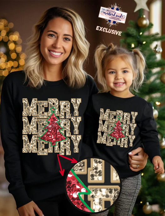 Merry Repeat Christmas Tree Faux Sequin Embroidery DTF Transfer (300 HOT PEEL) | Ships 3-7 Business Days