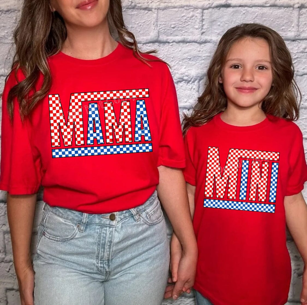Retro Mama Mini Checkered Red White Blue DTF Transfer (300 HOT PEEL) | Ships 3-7 Business Days