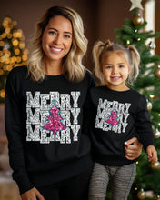 Load image into Gallery viewer, Silver and Pink Merry Repeat Christmas Tree Faux Sequin Embroidery DTF Transfer (300 HOT PEEL) | Ships 3-7 Business Days
