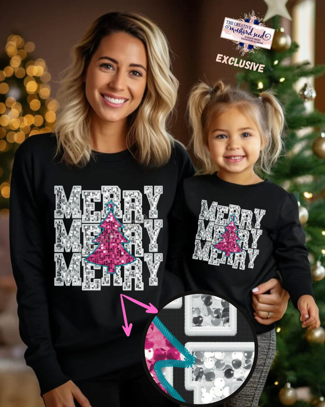 Silver and Pink Merry Repeat Christmas Tree Faux Sequin Embroidery DTF Transfer (300 HOT PEEL) | Ships 3-7 Business Days