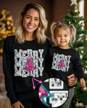 Load image into Gallery viewer, Silver and Pink Merry Repeat Christmas Tree Faux Sequin Embroidery DTF Transfer (300 HOT PEEL) | Ships 3-7 Business Days
