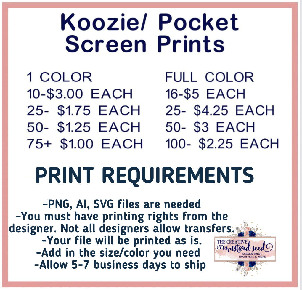 Custom FULL Color Pocket/Koozie | Screen Print Transfer | Ships in 5-7 Business Days