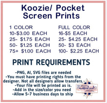 Load image into Gallery viewer, Custom ONE Color Pocket/Koozie | Screen Print Transfer | Ships in 5-7 Business Days
