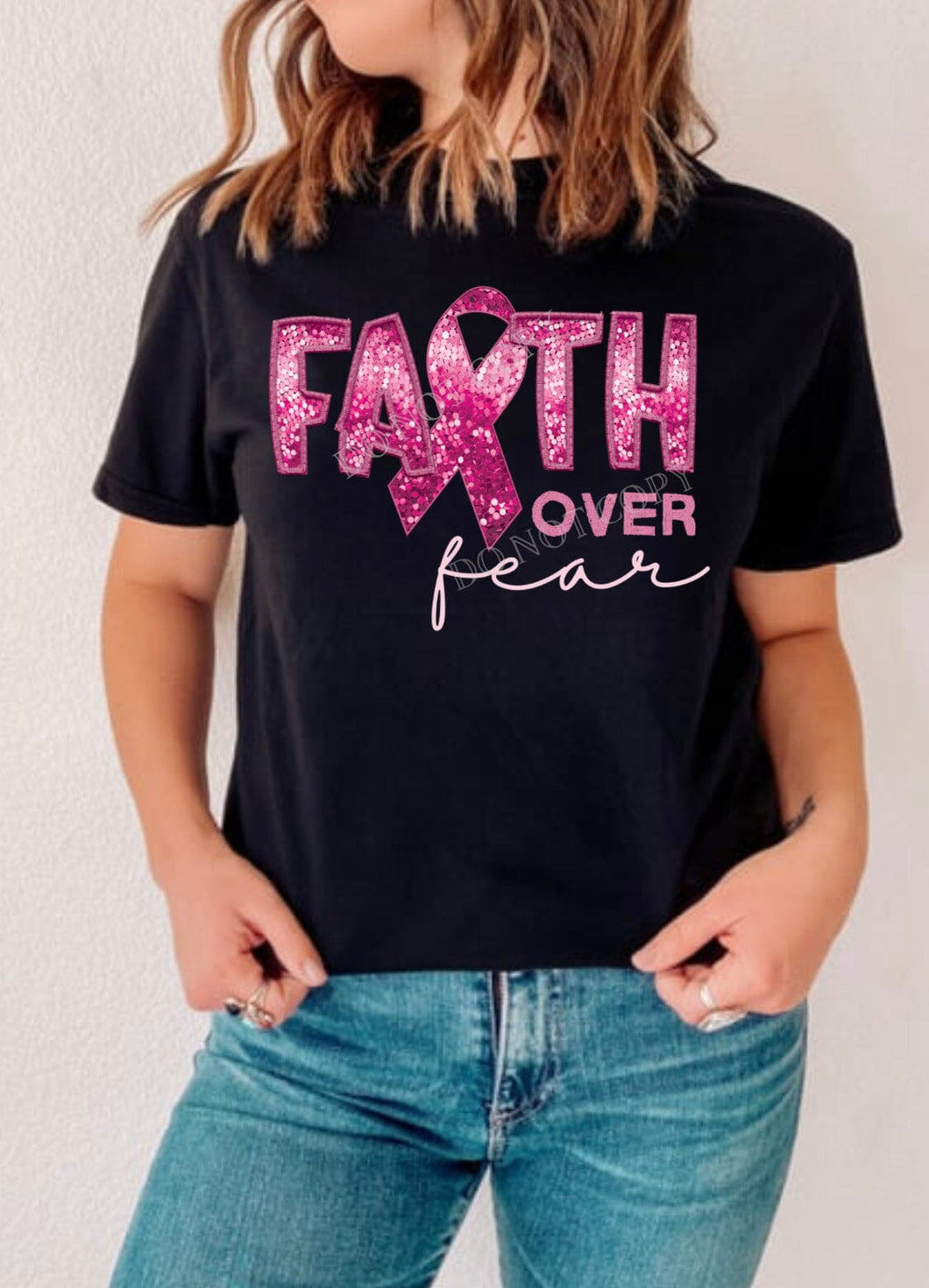 Faith Over Fear Pink Sequin Breast Cancer DTF Transfer (300 HOT PEEL) | Ships 3-7 Business Days