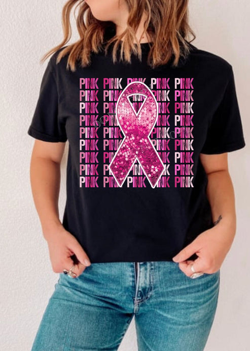 Pink Repeat Sequin Ribbon Breast Cancer DTF Transfer (300 HOT PEEL) | Ships 3-7 Business Days