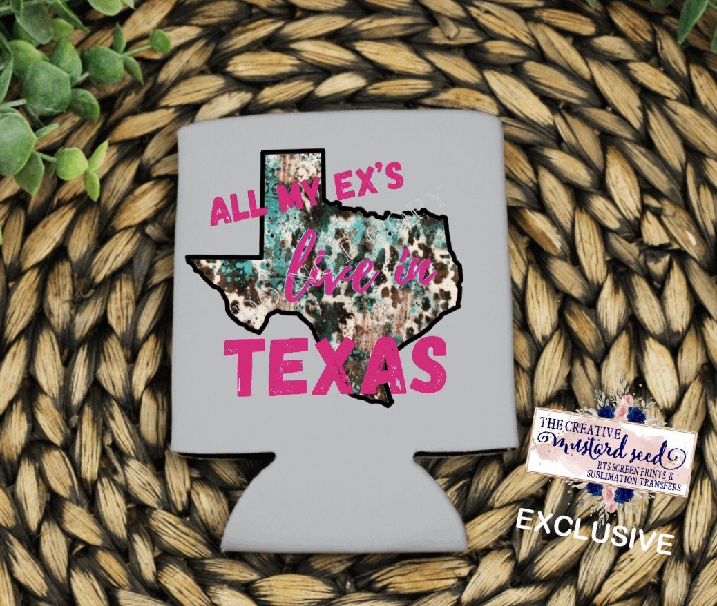 PO Screen Print Transfer | All My Exes Live In Texas 3” Koozie | Shirt Pocket