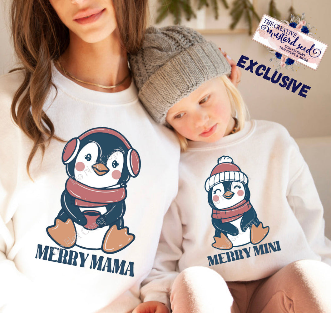 PO SHIPS 10/12 Screen Print Transfer | Merry Mama Mini Penguin | Adult and Youth (HIGH HEAT)