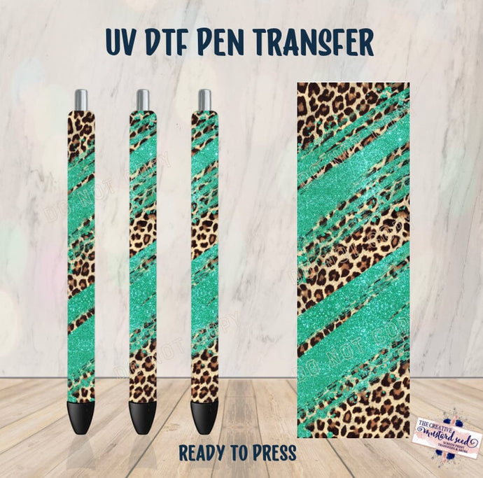 PO SHIPS 2/17 Turquoise Glitter and Leopard Pen UV DTF Wrap