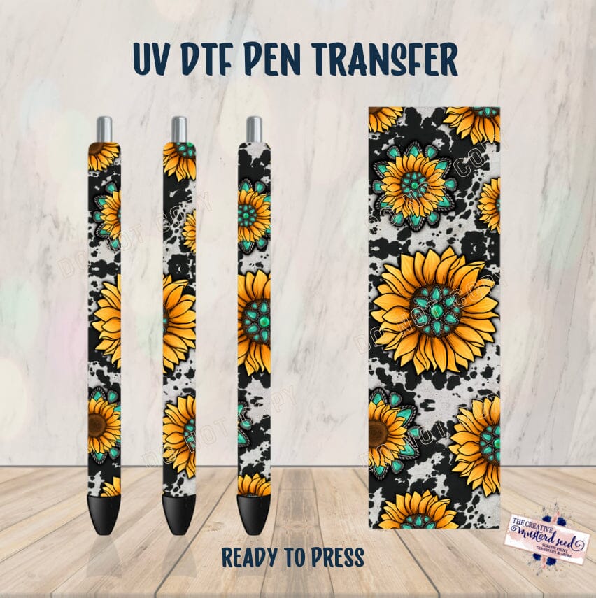 PO SHIPS 3/1 Sunflower and Cowhide Pen UV DTF Wrap