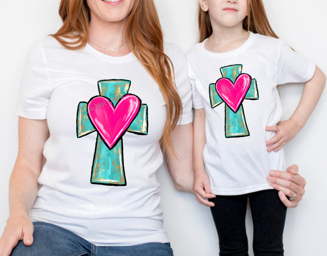 PO SHIPS 3/2 Screen Print Transfer | Turquoise Heart Cross | Adult and Youth (HIGH HEAT)