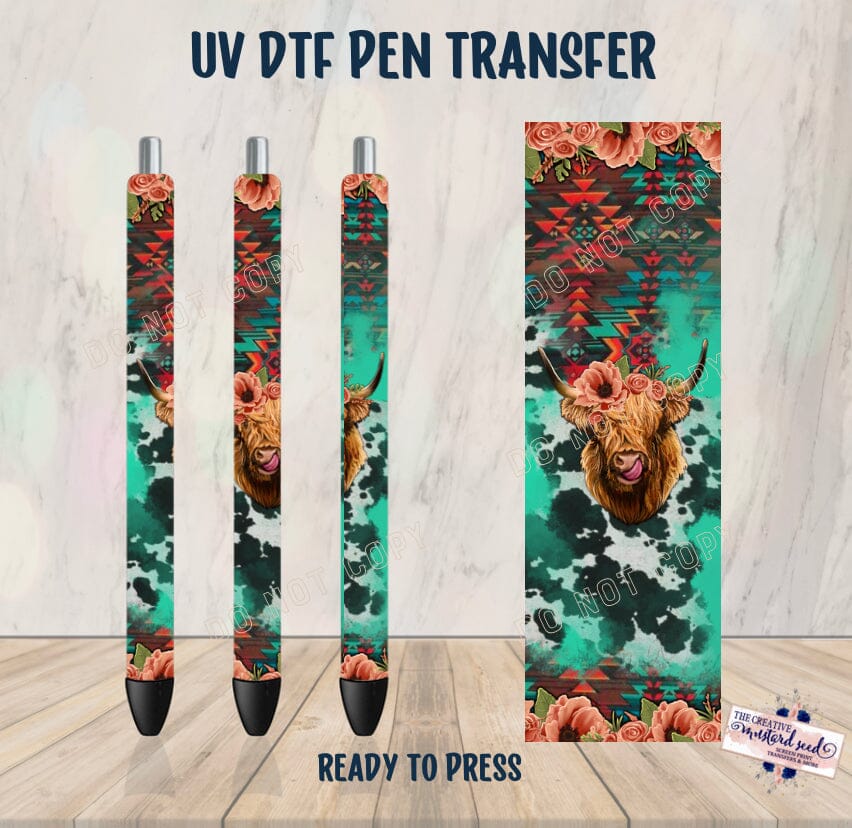 PO SHIPS 3/8 Highland Cow Turquoise and Cowhide Pen UV DTF Wrap