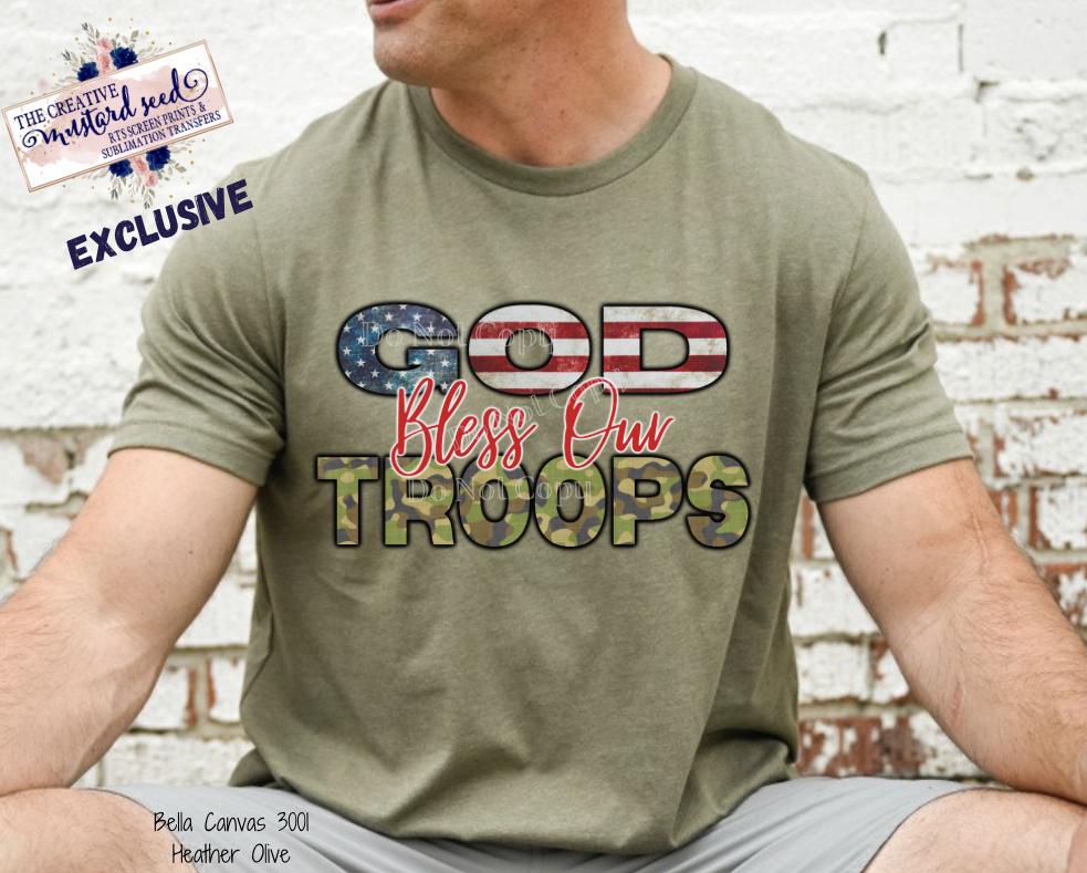 PO SHIPS 9/15 Screen Print Transfer | God Bless Our Troops Camo Flag (HIGH HEAT)