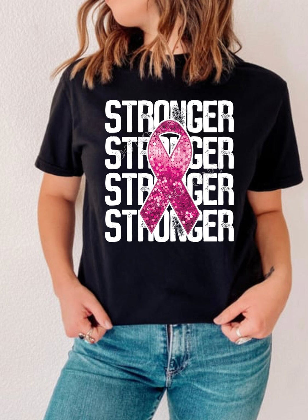 White Stronger Repeat Sequin Breast Cancer DTF Transfer (300 HOT PEEL) | Ships 3-7 Business Days